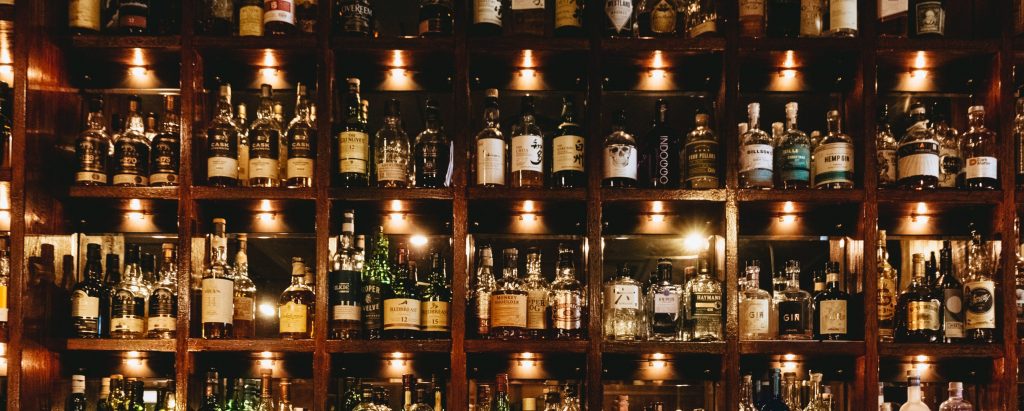 Two Fingers Bar, wall fo whiskey